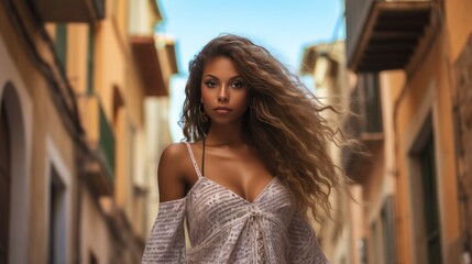 Beautiful girl with curly hair posing in the old town. African woman walking through the streets of Europe. Travel concept.