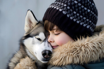 A young boy embraces his Siberian Husky dog in a heartwarming display of genuine affection, encapsulating the profound bond of companionship and love shared between them