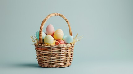 Fototapeta premium A clean, white background with a single Easter basket in the center, filled with eggs