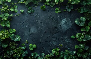 green shamrock leaves on black wooden background - 746798736
