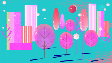 Spring cityscape in minimalism style, flat vector illustration