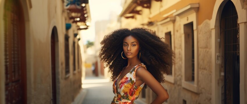 Fototapeta fashion outdoor photo of beautiful sexy woman . African woman walking through the streets of Europe. Travel concept.