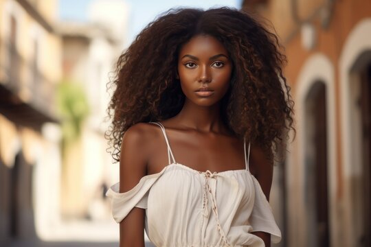Fototapeta Beautiful girl with curly hair posing in the old town. African woman walking through the streets of Europe. Travel concept.
