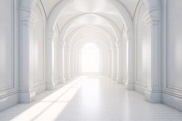 a white hallway with arched ceiling and a light coming through