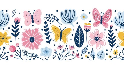 a group of flowers and butterflies on a white background with blue, pink, yellow, and green leaves and dots.