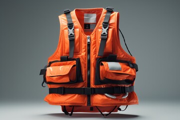 a orange life jacket with black straps - obrazy, fototapety, plakaty