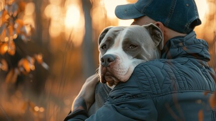 Illustration Human Embrace with American XL Bully Dog - obrazy, fototapety, plakaty