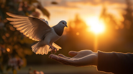 a dove of peace landed on hand  - obrazy, fototapety, plakaty