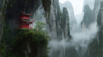 a painting of a mountain landscape with a pagoda in the middle of the cliffs and fog in the air.