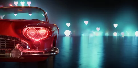 Fotobehang Vintage Car with Heart-Shaped Headlights and Neon Glow © irissca