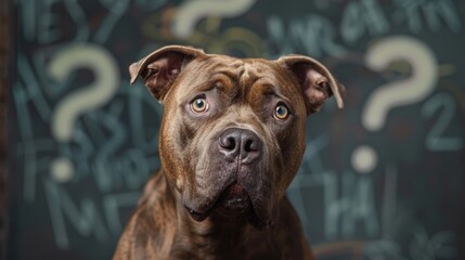 Inquisitive American Bully dog with Question Marks - obrazy, fototapety, plakaty