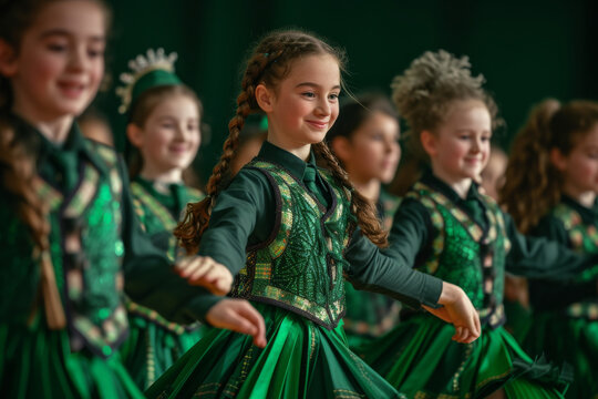 Little girls dance Irish dance. Little dancers perform on stage in traditional Irish dance attire during the St. Patrick's Day concert