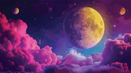 Cartoon yellow moon with craters floats in purple tu - obrazy, fototapety, plakaty