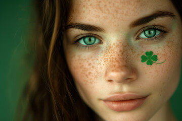 Portrait of beautiful Irish girl with painted green clover on her face. St Patrick's day celebration