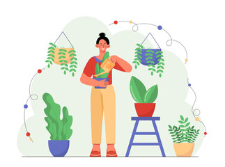 Woman watering plants vector