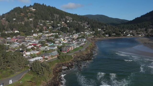 Drone View of Yachats Oregon Coast Town on Highway 101 PNW Video
