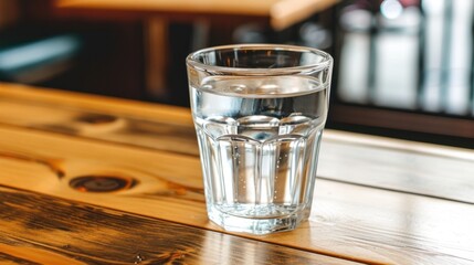a glass filled with water sitting on top of a wooden table next to a bottle of water on top of a wooden table.