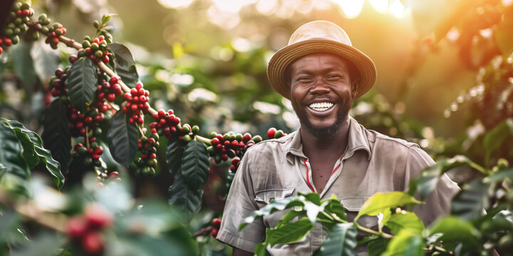 Farmer or picker working on his coffee farm. Local black man smiling, red berries growing on bushes near. Generative AI