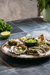 Oysters With Spicy Cucumber & Lime Granita, gteen fresh basil, blue background