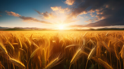 As the sun sets in the west, the golden wheat fields stretch to the horizon