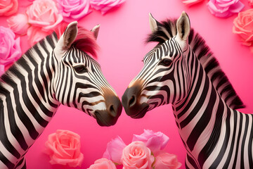 Profile of two zebras with pink flowers on pink backgorund.