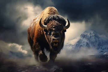 Gordijnen a bison running in the mountains © Sveatoslav