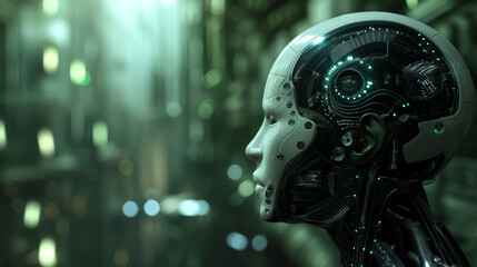 Futuristic robot Head with Neon Circuitry. Close-up of a sophisticated robot head, showcasing advanced robotics and neon circuitry in a futuristic setting. futuristic technology concept. AI,