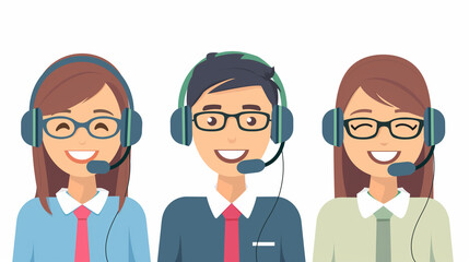 Friendly Customer Service Team Cartoon. Cartoon illustration of a cheerful customer service team wearing headsets ready to assist. Call center, Business and communication concepts.