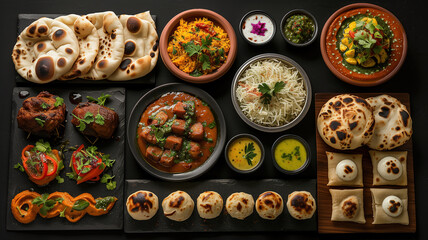 Assorted indian food on a dark background