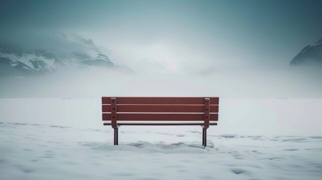 a red park bench sitting in the middle of a snow covered field with a mountain in the backgroud. © Anna