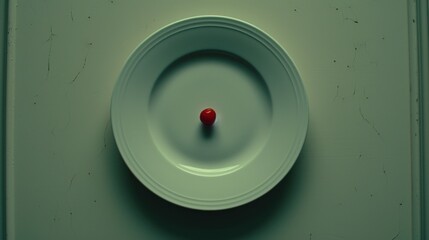 a close up of a white plate with a red object in the middle of the plate on the side of the plate.
