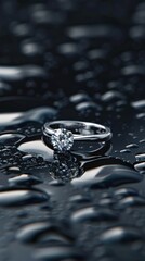 Platinum jewelry. Product shoot, macro shot, platinum wedding ring with diamond on shiny black surface. Dark background.