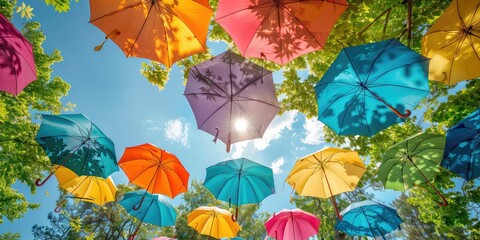 Fototapeta na wymiar Colorful Canopies Vibrant Hues - Nature's Umbrellas Background - Vibrant Essence - Sunlit Canopy Light - Colorful Canopies