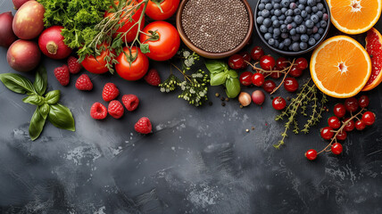 Obraz na płótnie Canvas Assortment of a variety of healthy fresh food on a dark background, copyspace