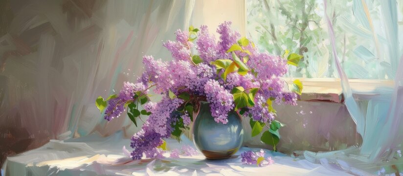 A painting featuring lilac flowers placed in a blue vase on a tabletop. The vibrant purple petals stand out against the cool blue background, creating a striking contrast.