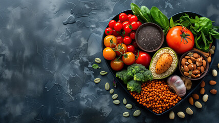 Assortment of healthy food in a dish heart shape, copyspace