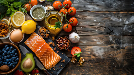 Assortment of healthy fresh food dishes on a wooden background with copyspace