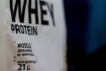 Whey protein package close up