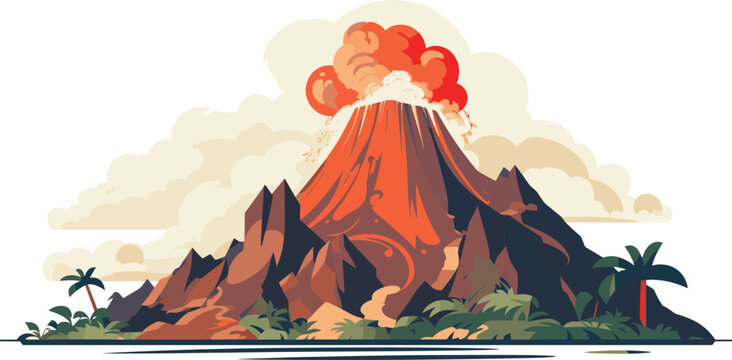 Erupting volcano smoke lava flow tropical setting. Explosive eruption ash cloud, palm trees. Nature disaster concept, geology, dramatic landscape vector illustration