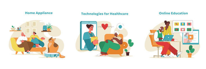 Senior tech engagement set. Vector illustration