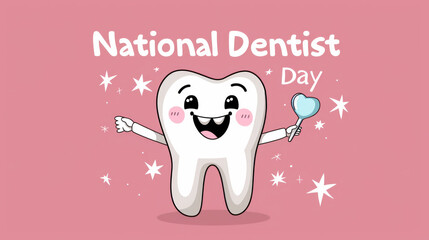 Happy Tooth with Brush Celebrating National Dentist's Day