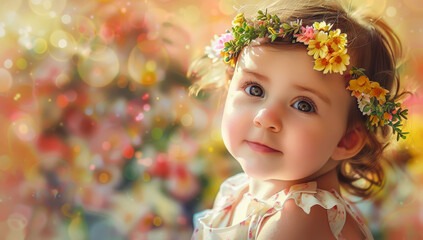 Bello bebé portando una corona de flores y mirando fijamente al frente, llevando un vestido de flores, sobre fondo desenfocado efecto bokeh - obrazy, fototapety, plakaty