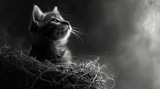 a black and white photo of a kitten sitting on top of a pile of hay looking up at the sky.