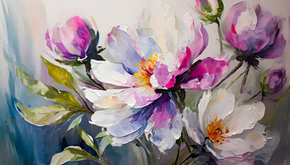 Beautiful flowers in nature, smooth wet oil painting. Hand drawn art.