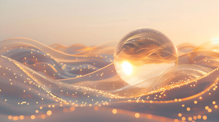 Explore a tranquil scene where a glass sphere floats above a sea of data waves in warm hues