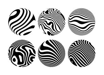 Set of distorted wavy pattern spheres. Striped circle shapes. Vector illustration. Graphic elements for banner or poster design - 746802199