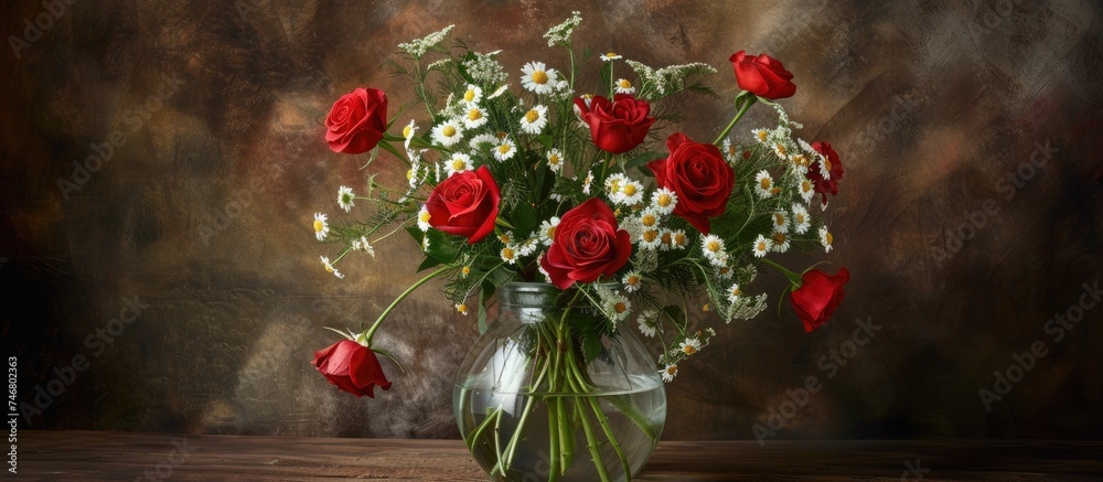 Canvas Prints A glass vase holding a vibrant mix of red roses and daisies, creating a beautiful floral arrangement. The red roses stand out against the white and yellow daisies, enhancing the overall aesthetic of