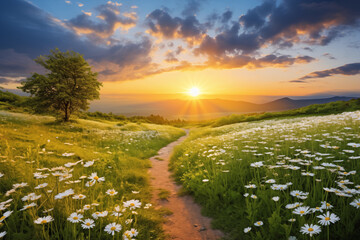 Serene June Morning: A Representation of the Beautiful Summer Starting with Lush Greenery and Blooming Daisies