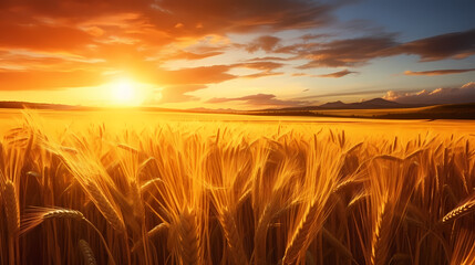 Obraz premium Wheat field in the sun close-up during harvest season