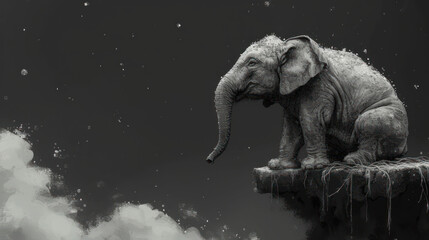 a black and white photo of an elephant sitting on top of a rock in the middle of a body of water.